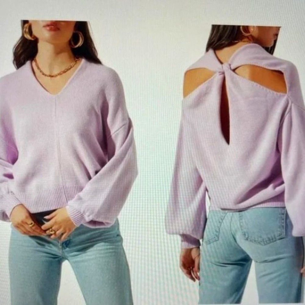 ASTR SWEATER Sz M LILAC cut-out Reversible Modern Collegiate Puff Sleeve Preppy